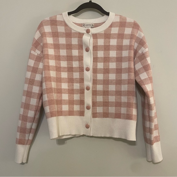 NANETTE LEPORE Pink Gingham Plaid Spring Cardigan - Size Medium - Picture 1 of 8
